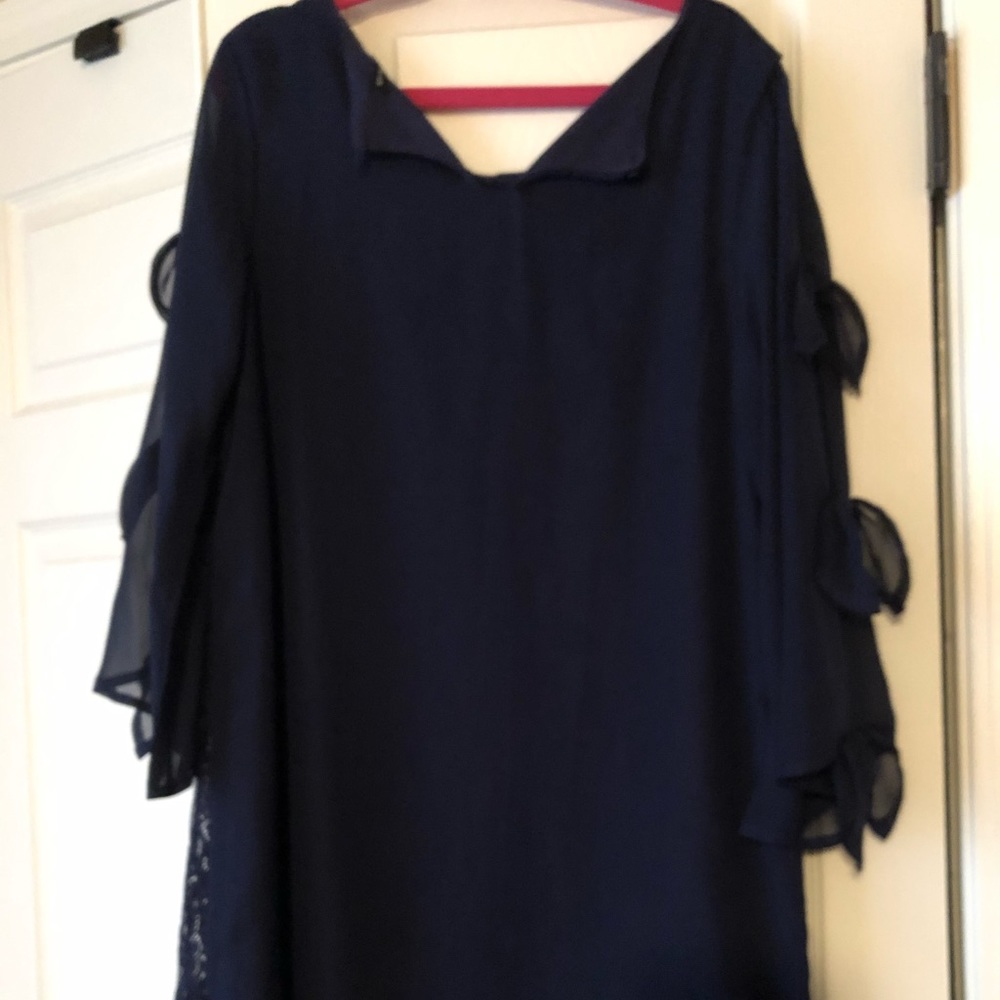 Navy Blue Lace Dress with Chiffon Peek-boo Sleeves
